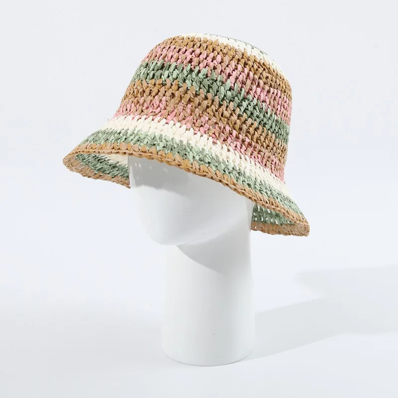 Women's Elegant Striped Straw Bucket Hat Travel Casual Cap