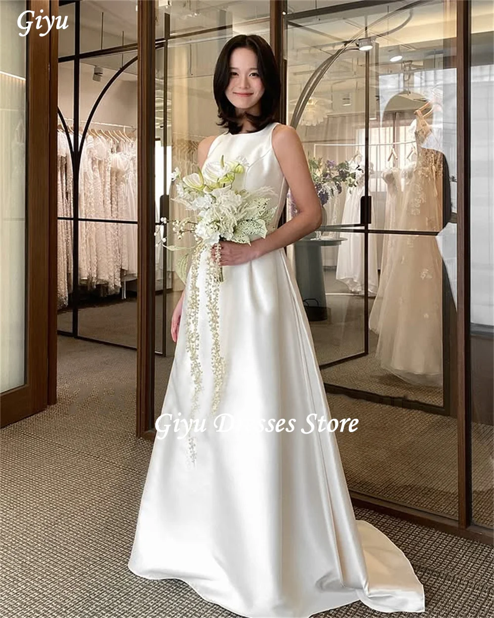 Giyu Elegant O-Neck A-line Sleeveless Wedding Dresses Korea Women Satin Floor Length Bridal Gowns Simple 웨딩드레스 Customized