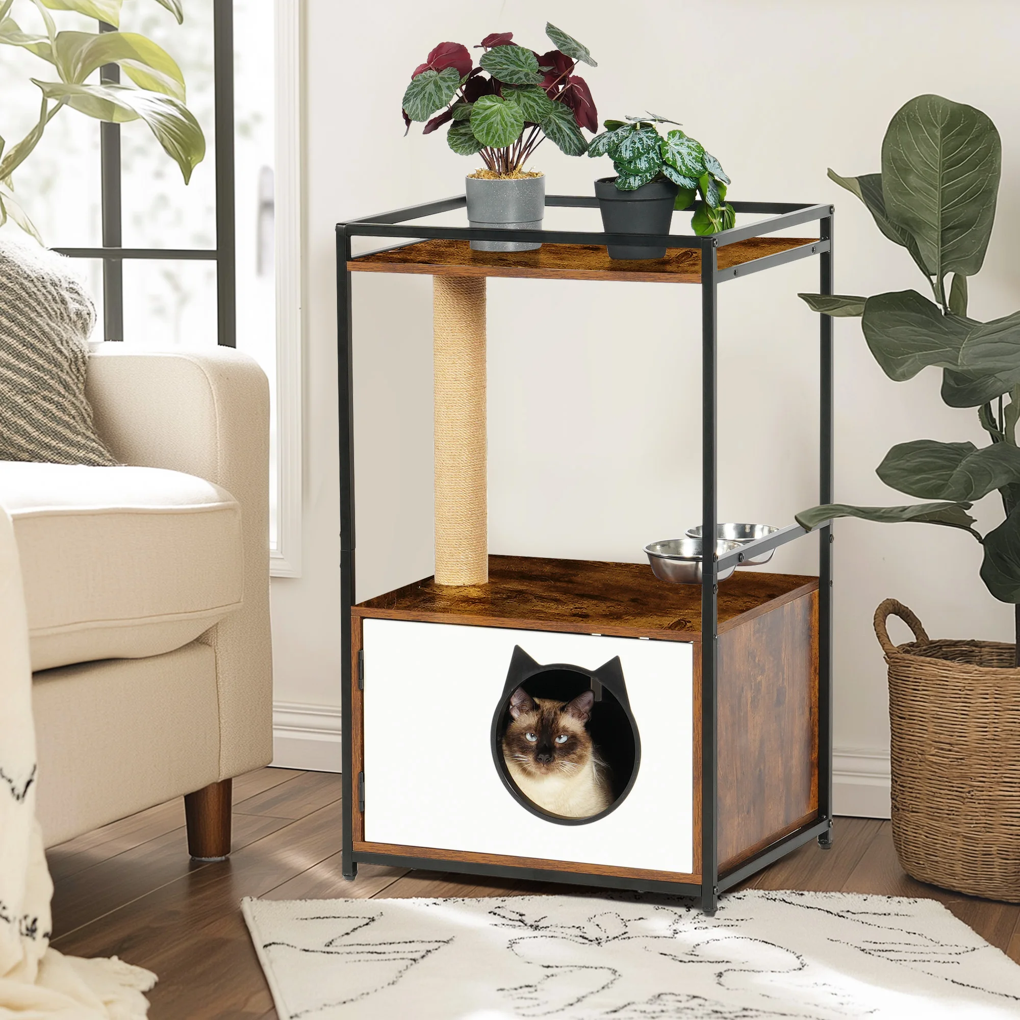 Cat Tree And End Table Industrial Style Cat Tower With Scratching Post And Feeding Station Nightstand Condo Climbing Furniture