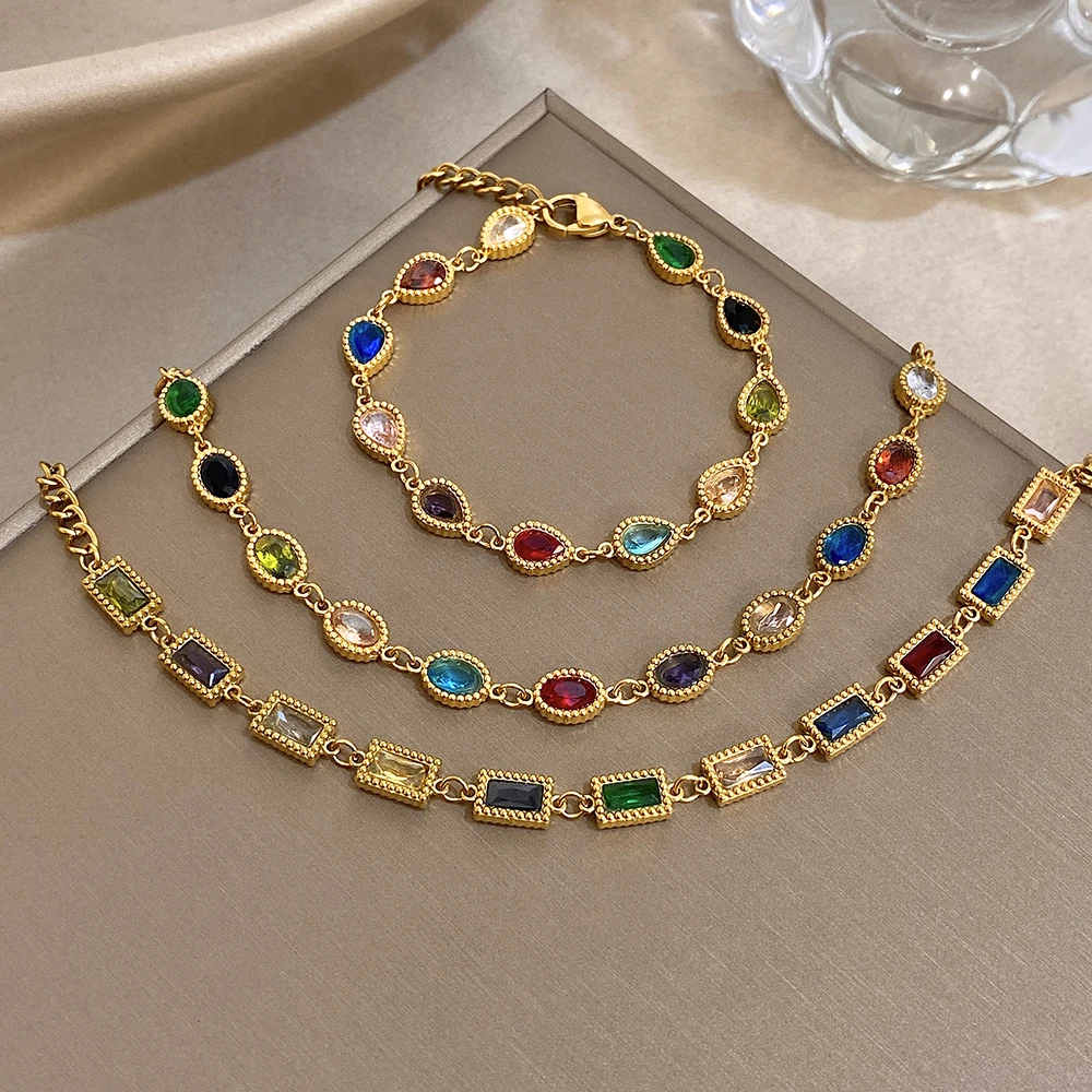 

DODOHAO 3 Styles Exquisite Colorful Zircon Stainless Steel Bracelets Women Retro Square Water Drop Charm Bracelet Jewelry Gifts