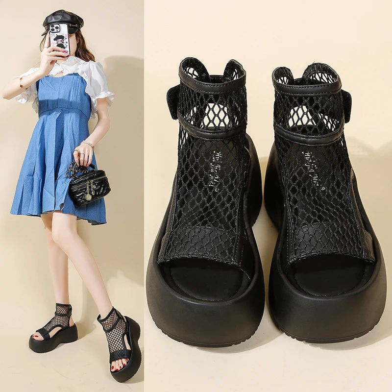 

Women's Summer Mesh High Top Sandals Thick Sole Platform Wedge Open Toe Breathable Comfortable Casual Black Roman Boots forWomen