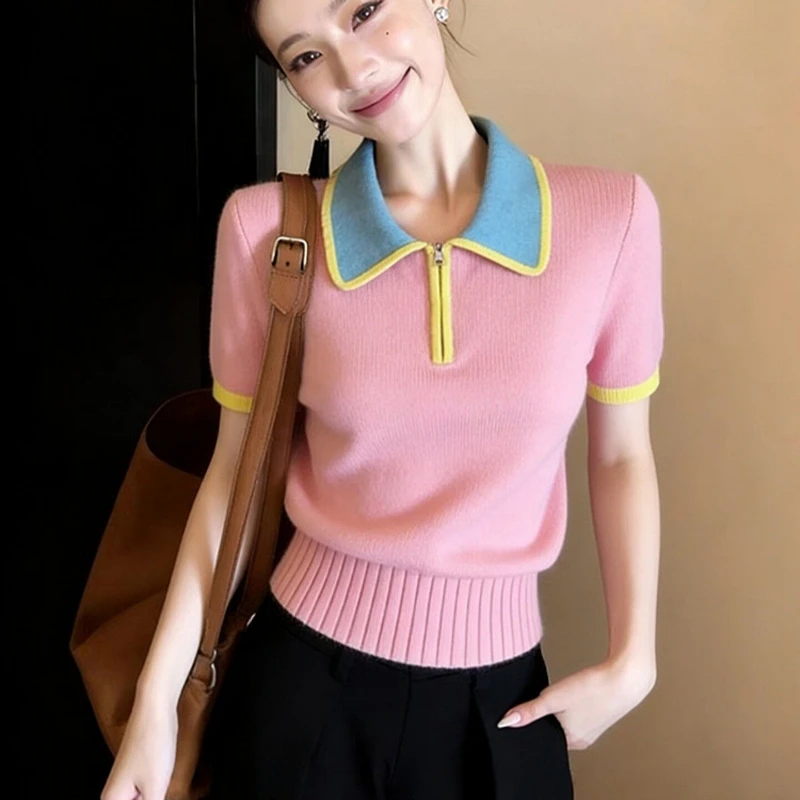 

Trend Tops Design Pink Knit Shirts Short-sleeved T-shirts Women Knitwear Turn-up Collar Vintage Clothes Tshirt Vintage Kawaii
