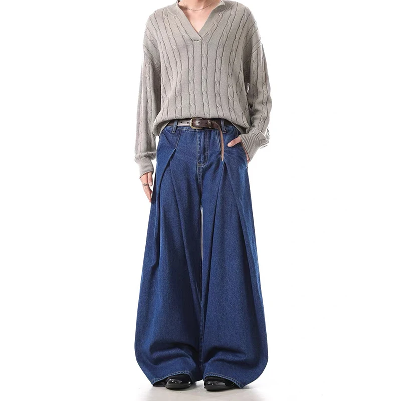 กางเกงยีนส์ทรงหลวมสีน้ำเงินเข้มสไตล์วินเทจ Y2K ของผู้หญิง ZHIZOU กางเกงยีนส์เดนิมสไตล์ฮาราจูกุแบบญี่ปุ่นยุค 2000 เอวสูงทรงโอเวอร์ไซส์