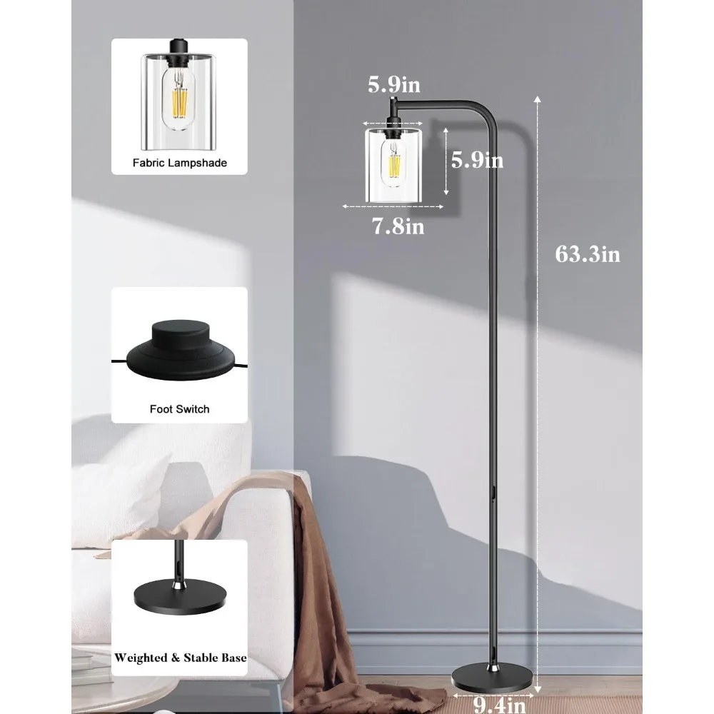 مصباح أرضي صناعي Lightdot 63 بوصة، مصابيح قائمة حديثة سوداء مع عاكس الضوء الزجاجي الشفاف، مصباح أرضي للمزرعة لغرفة المعيشة