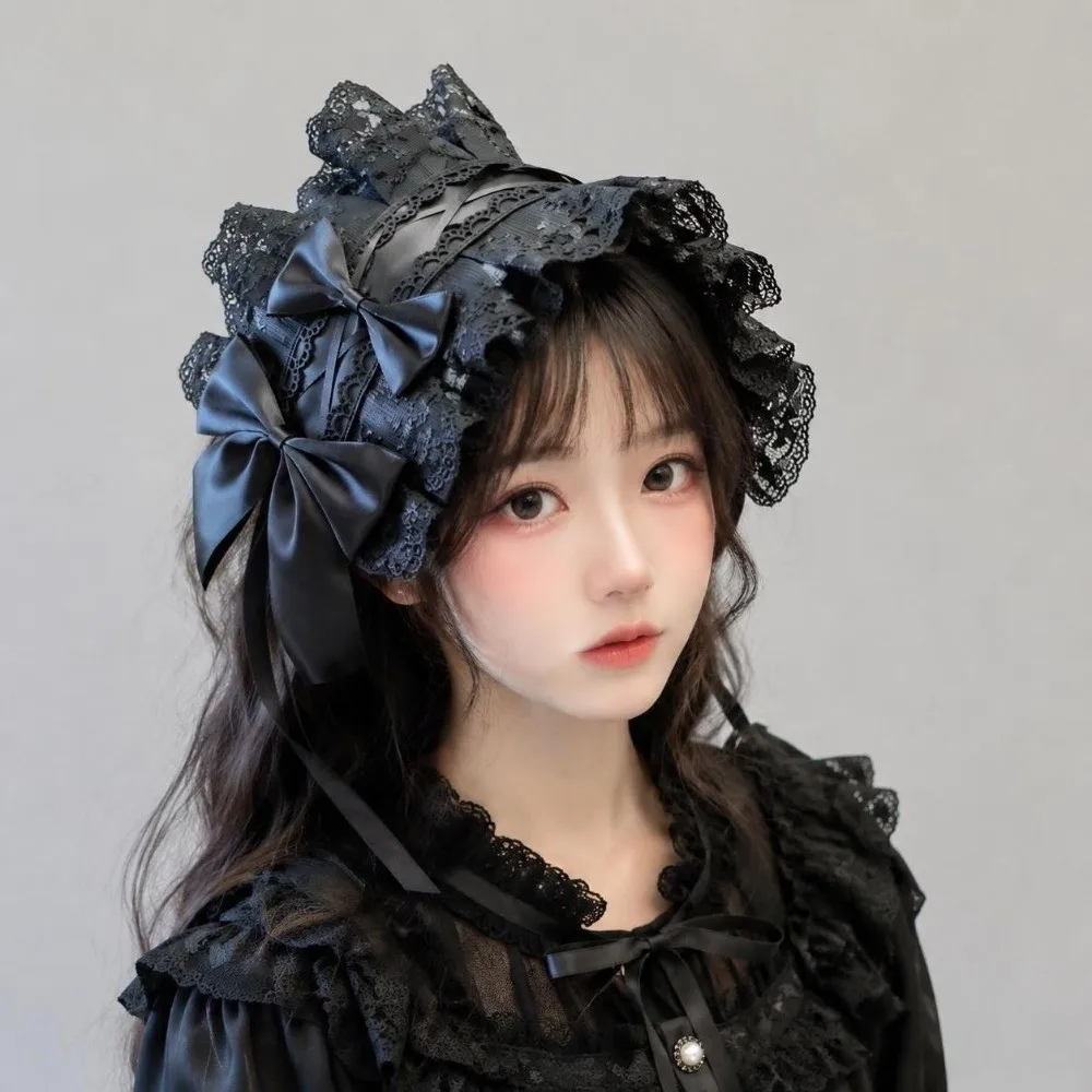 Lace Bow Lolita Headband Handmade Sweet Bow Anime Cosplay Headdress Lace Ruffled Embroidery Design Lolita Hair Accessories