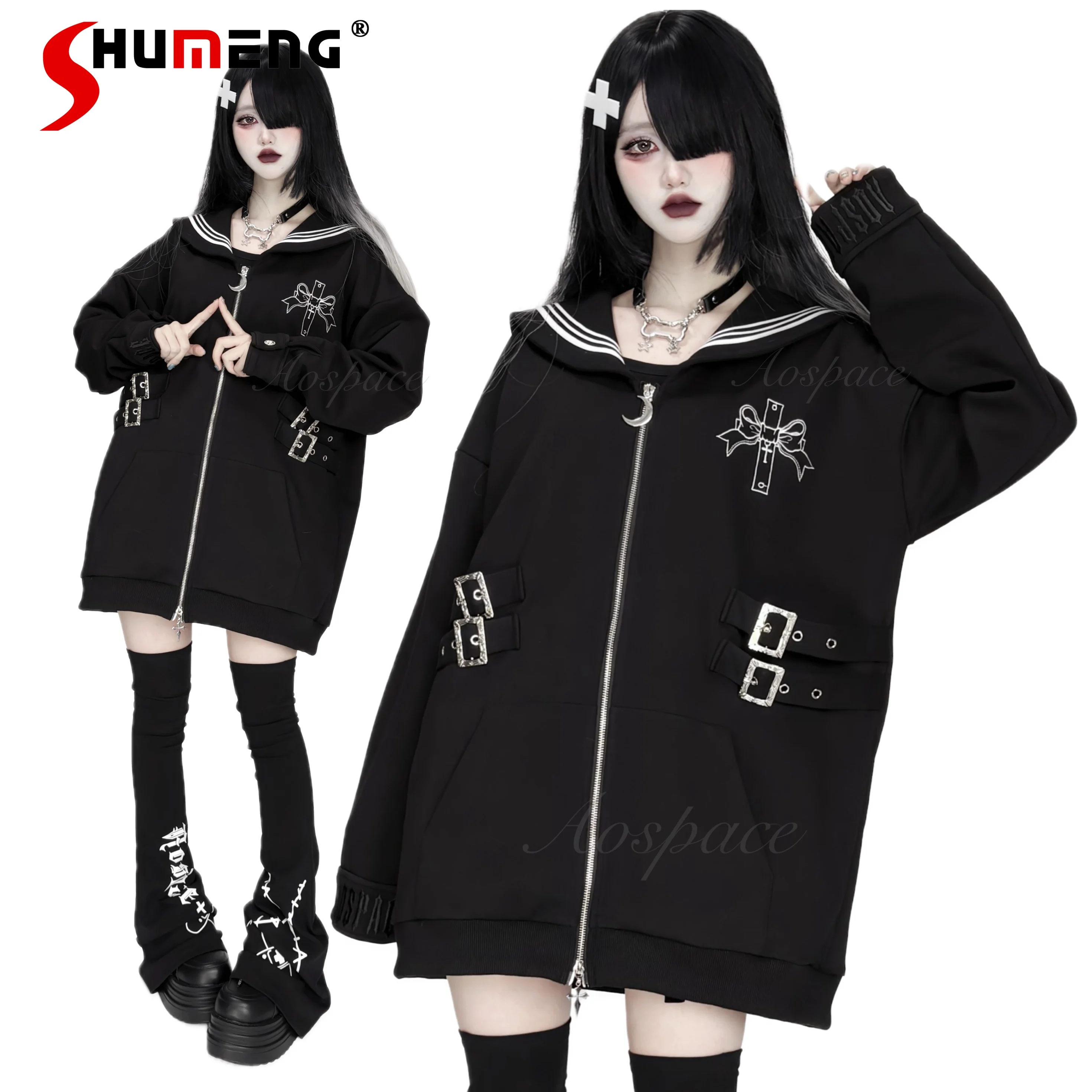 

Japanese Subculture Punk Style Embroidery Print Navy Collar Long Sleeve Simple Versatile Loose Zipper Sweatshirts Jackets Women