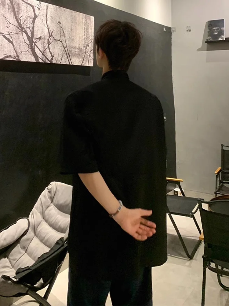 

New Chinese Sle Ice Silk oulder Padded ort Sve Men's irt Summer High-End Design Cool Feeling Polyester Casual irt