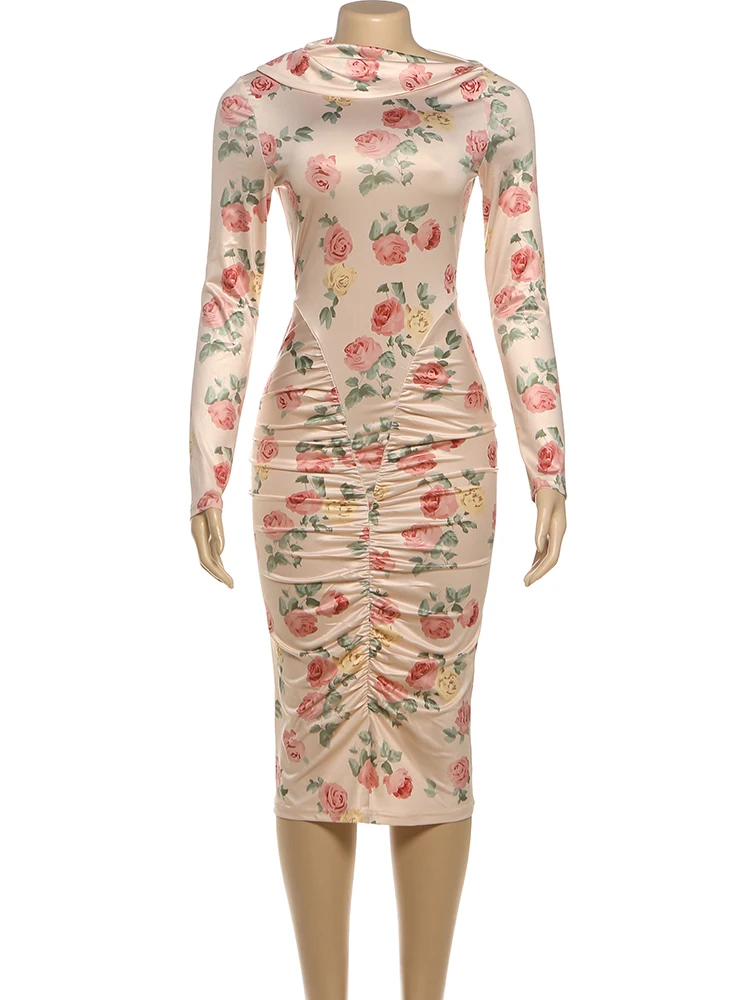 Cutenew Elegant Rose Print Dress Women Sexy Chic Peach Buttocks Slash Neck Full Sleeve Vacation Birthday Stretch Skinny Bodycon