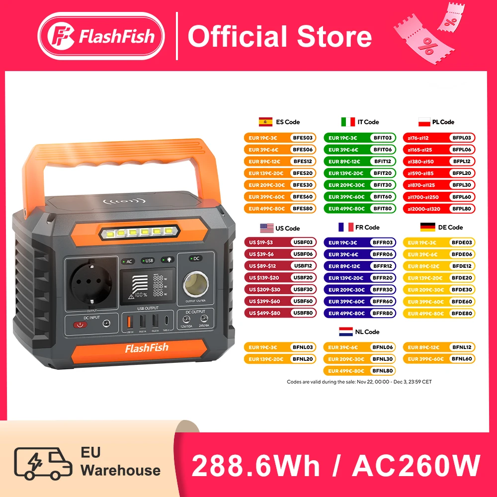 FF FlashFish UPS Portable Power Station 260W AC Solar Generator 288.6Wh Lithium Batteries Lighting Power Supply Outdoor Battery