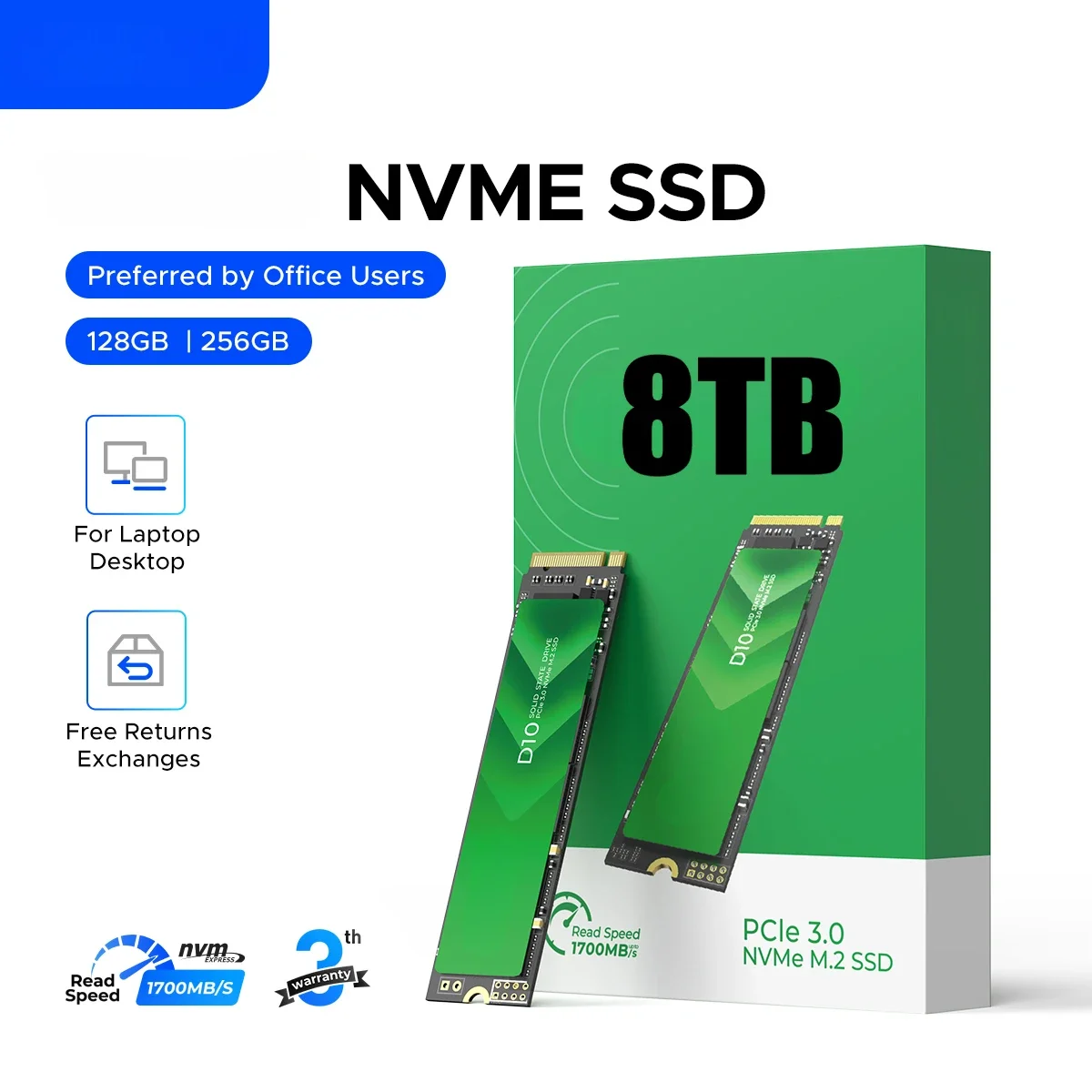 

2025 Internal Solid State Drive M.2 NVMe SSD PCIe3.0 1700 MB/s M Key 2280 256GB for Office Users Students Laptop Desktop