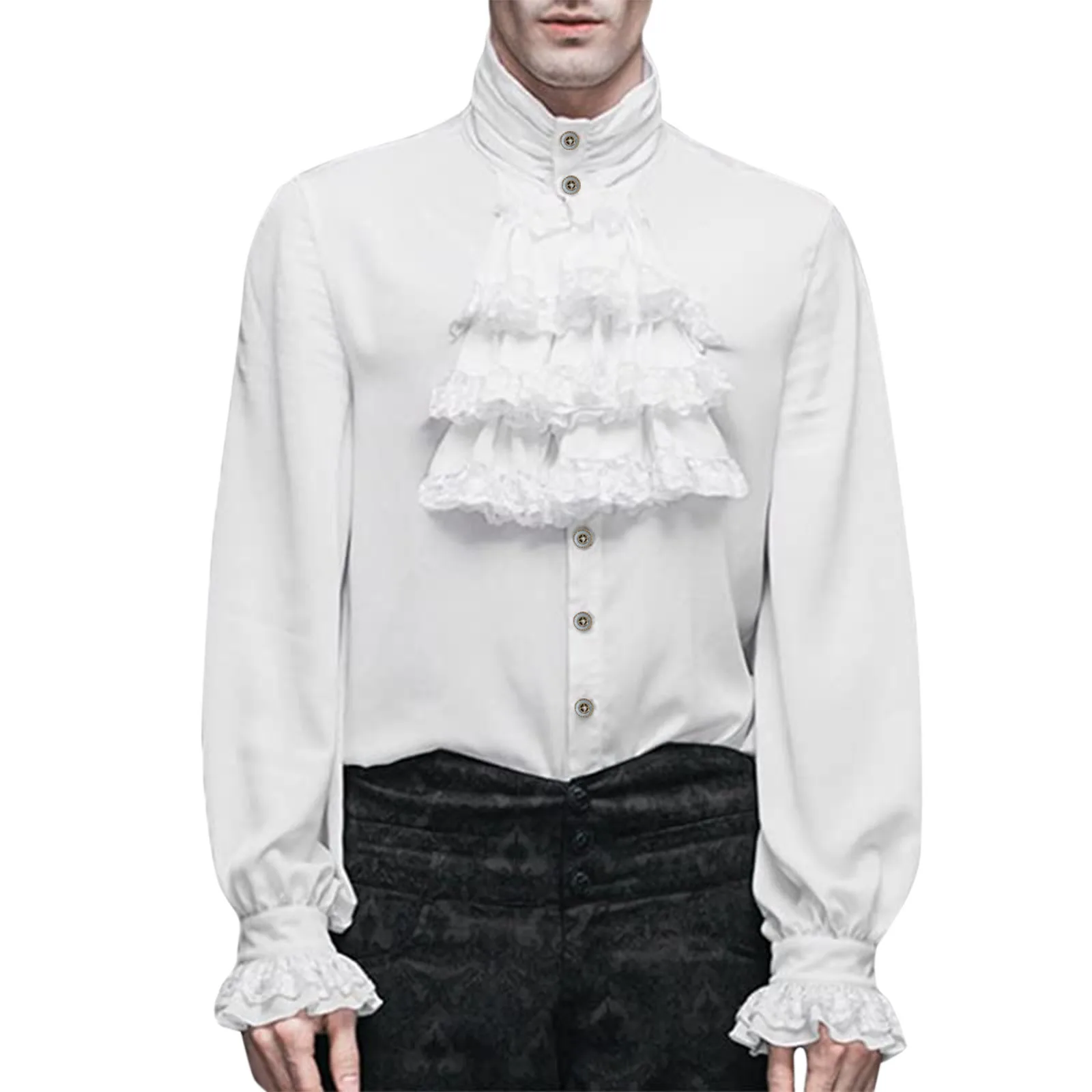 Gothic Vintage Lace Shirt Mens Ruffle Stand-Up Collar Long Sleeve Shirt Victorian Elegant Single Breasted Shirts Cosplay Costume