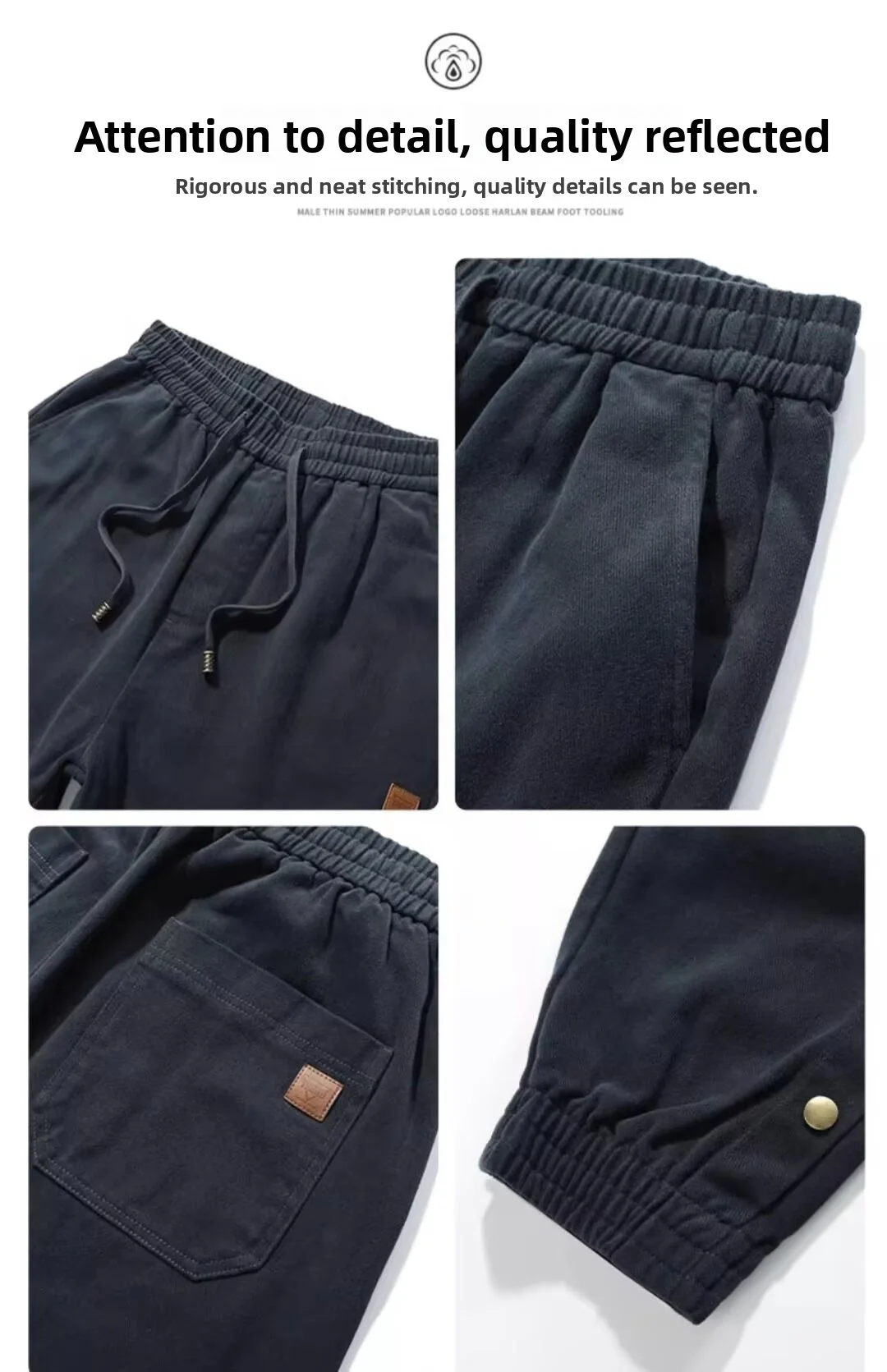 Herren-Arbeitshosen, einfarbige, vielseitige Freizeithosen, lockere, bequeme Hosen, trendige Herrenhosen mit mittlerer Bundhöhe und seitlichem Kordelzug. – Detail 4