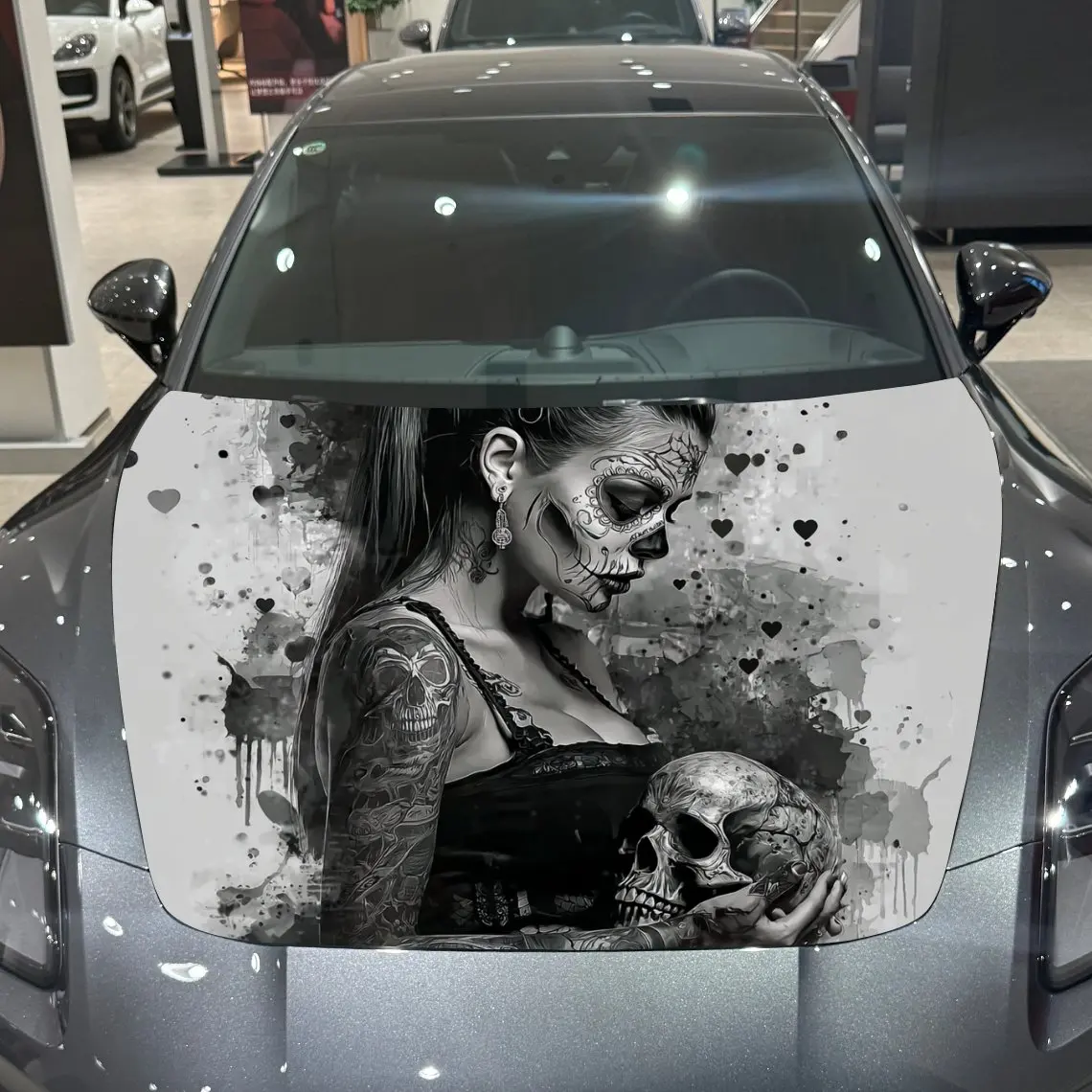 

Gothic Tattoo Girl and Skull Car Hood Cover Stickers-Sturdy Vinyl Stickers Suitable for Various Vehicles, Made of High-quality