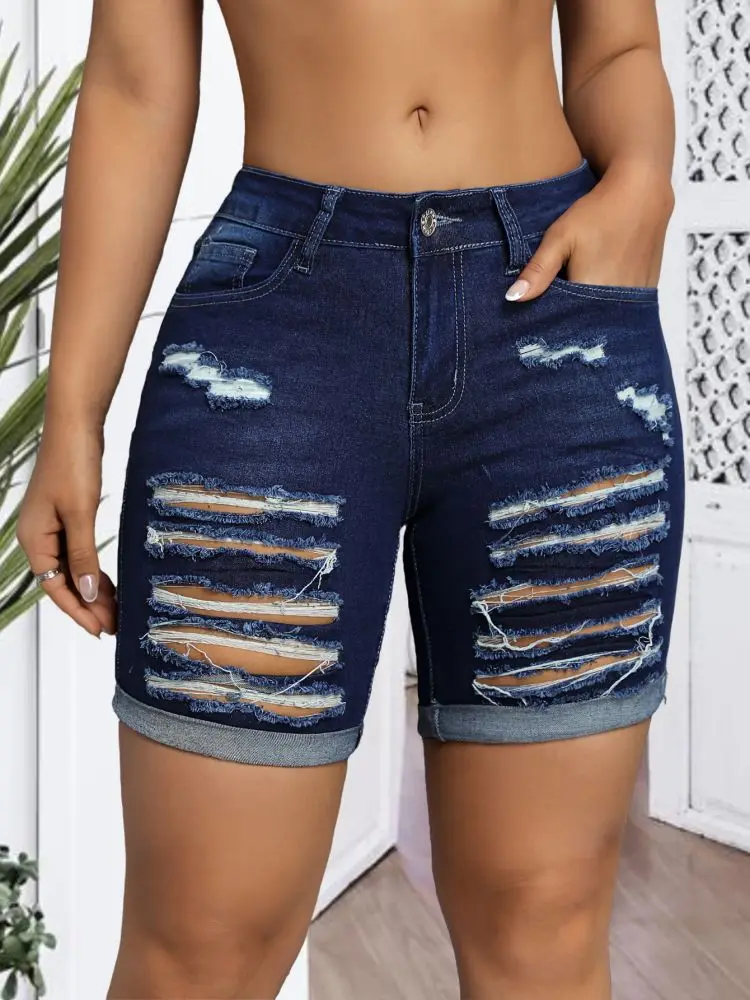 

Dark blue trendy ripped denim shorts for ladies, women's shorts, women's jeans shorts
