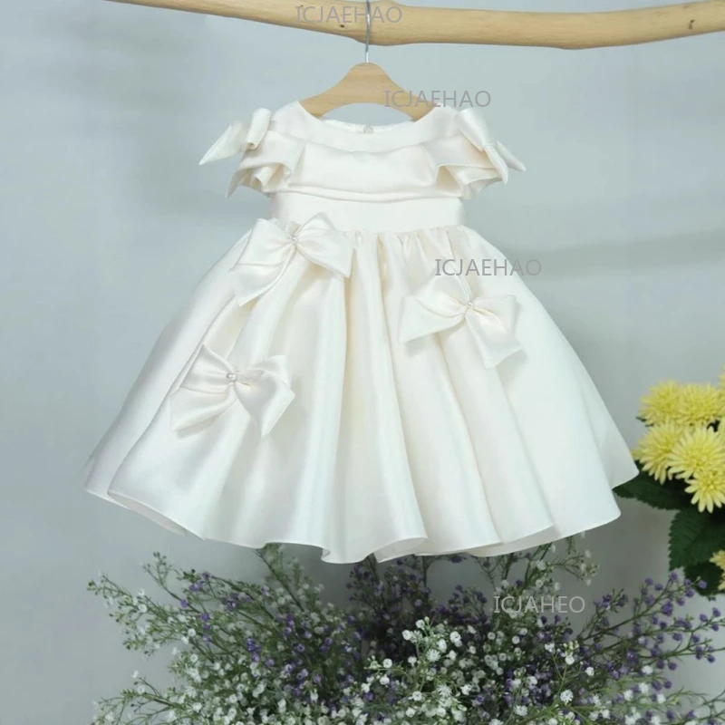 Children Girls Bow Princess Dress Clothes White Korean Style Kids Formal Piano Performance Host Pageant Gown Vestido Costume