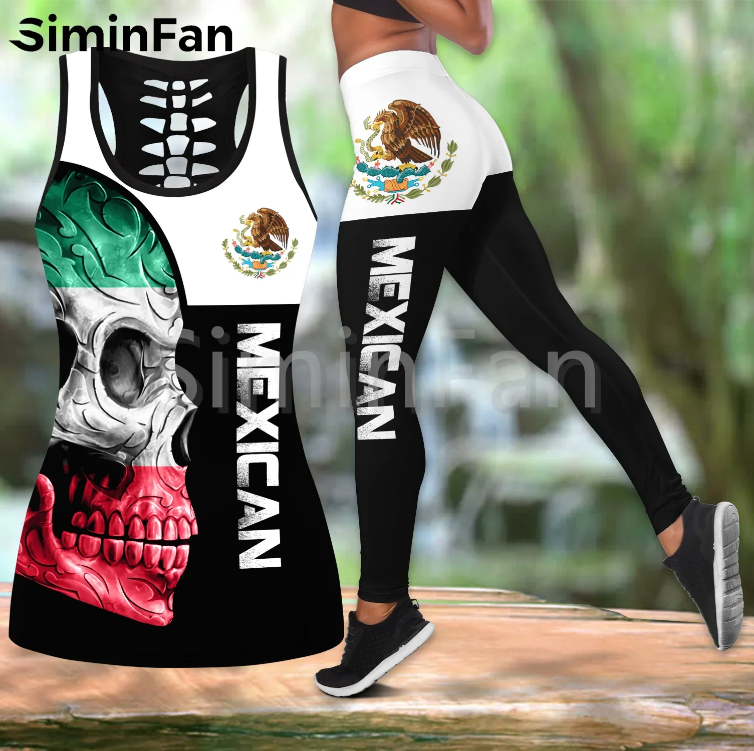 

Mexico Skull Flag Combo Outfit Two Piece Yoga Sets Women 3D Printing Hollow Out Tank Top Legging Summer Vest Casual Pant Suits 4