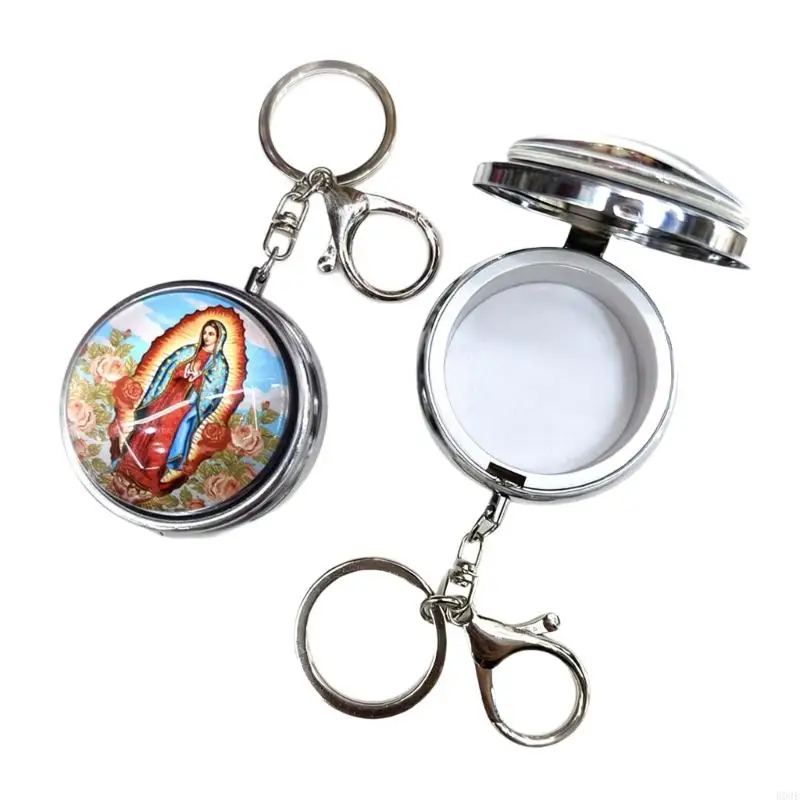 Rosary Jewelry Box with Keychain Metal Religious Trinket Box Catholic Christian Roman Rosary Keepsakes Case Gift Unisex B03E
