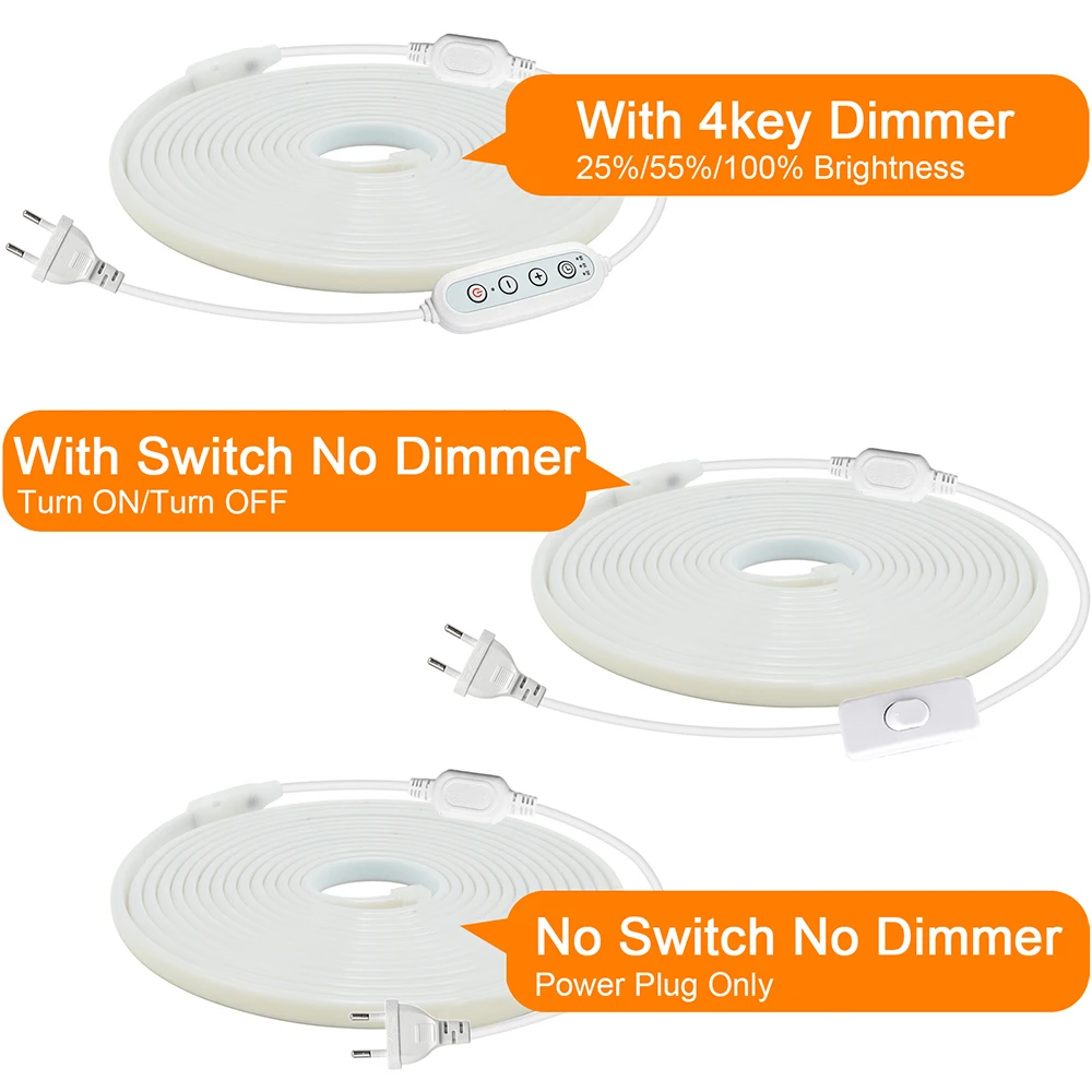 Dimmable 220V COB Neon LED Light Strip 4key Controller Switch Dimmer EU Power Kit 3000K 4000K 6000K 288 LEDs Flexible Tube Lamp