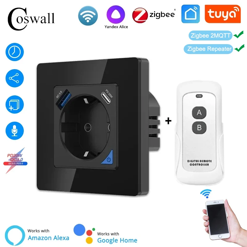 Coswall Alice Glass Zigbee Tuya Smart EU Wall Socket With PD 20W Type-C & A Dual USB Fast Charger With Electricity Statistics