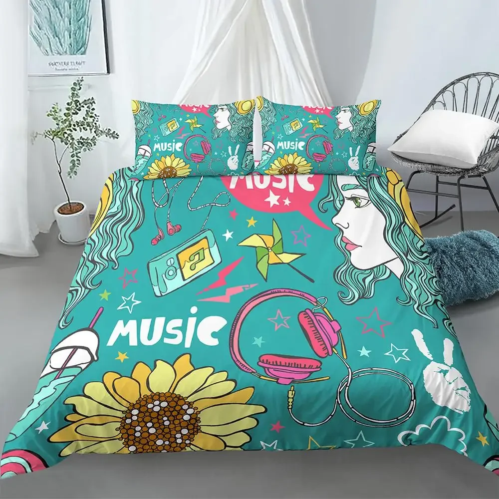 Musical Girl King Queen Duvet Cover Modern Fashion Girly Bedding Set for Kids Teens Adults Cartoon Hip Hop style Quilt Cover