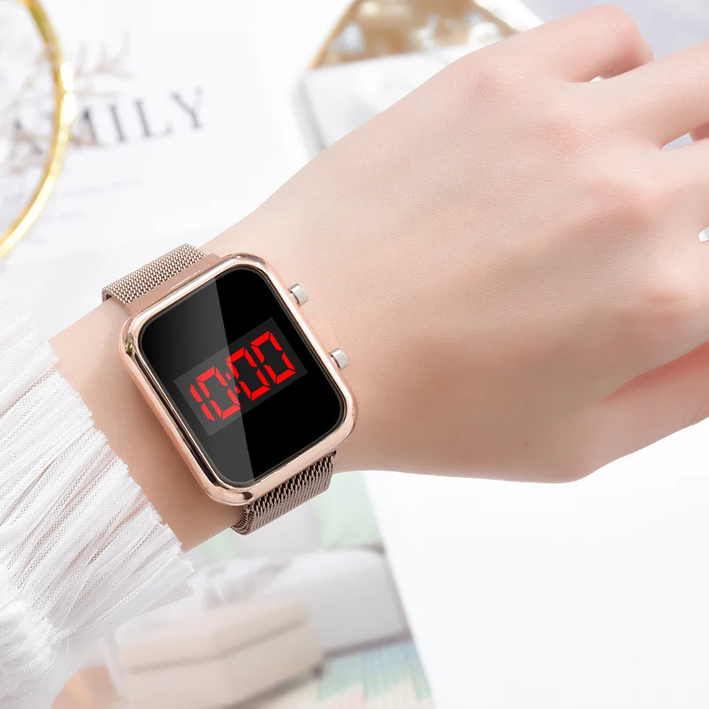 Simple Digital Watches for Women Luxury Rose Gold LED Watch Magnetic Metal Mesh Band Waterproof Fashion Ladies Electronic Clock