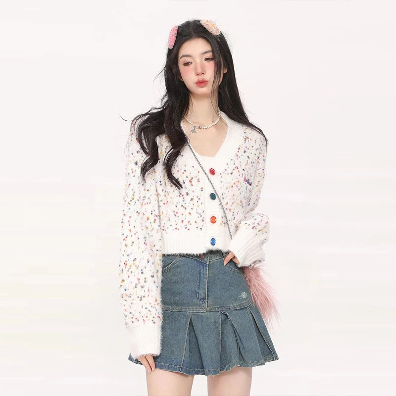 YuooMuoo Chic Fashion Colorful Dots Cardigans for Women Hotsweet Candy Buttons V-neck Long Sleeve Young Lady Sweaters Y2K Tops