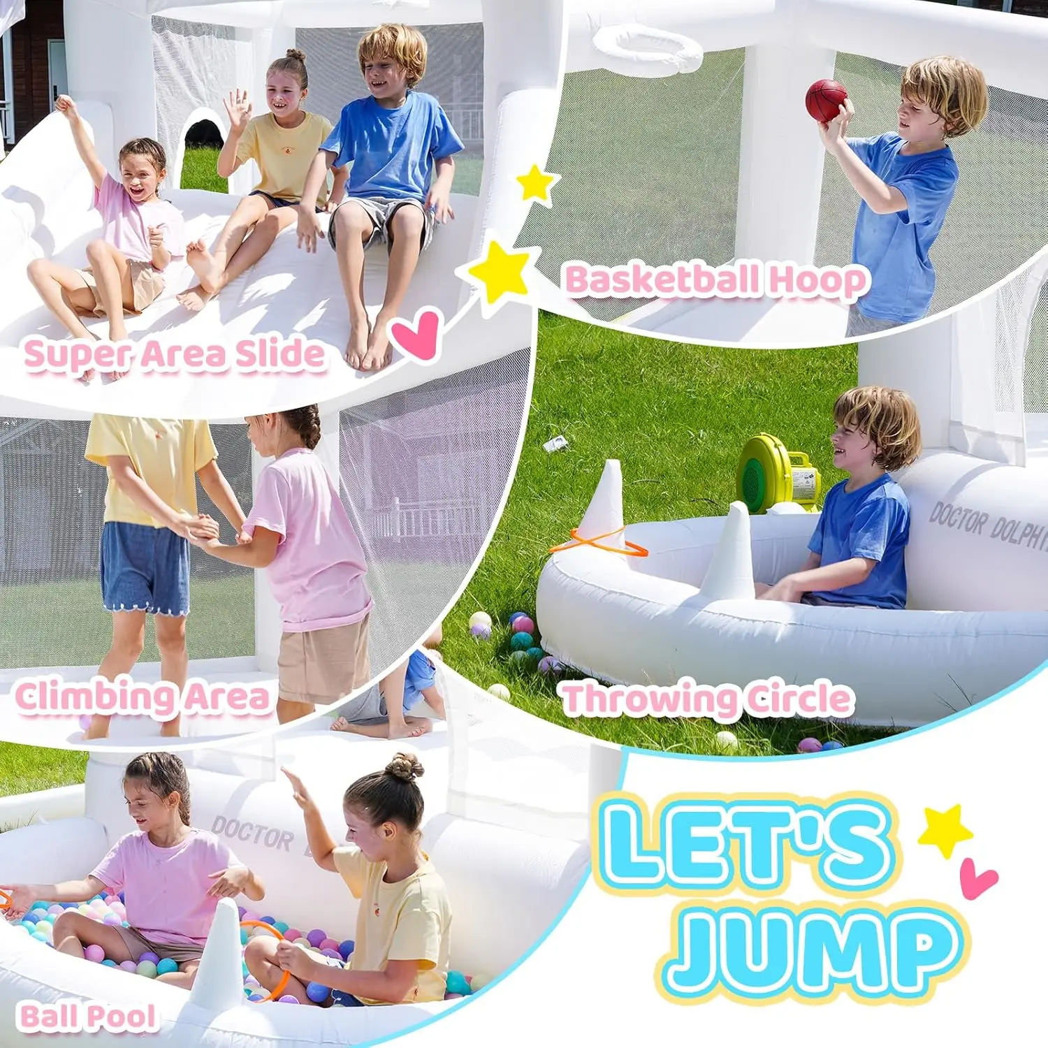 بيت دكتور دولفين القابل للنفخ، منزل نطاط أبيض للأطفال 3-6، منزل قفز قابل للنفخ مع حفر كروية لحفلات الزفاف #5