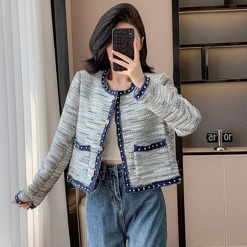 Grey women's coarse tweed round neck jacket 2025 new spring and autumn small fragrance woven belt temperament top