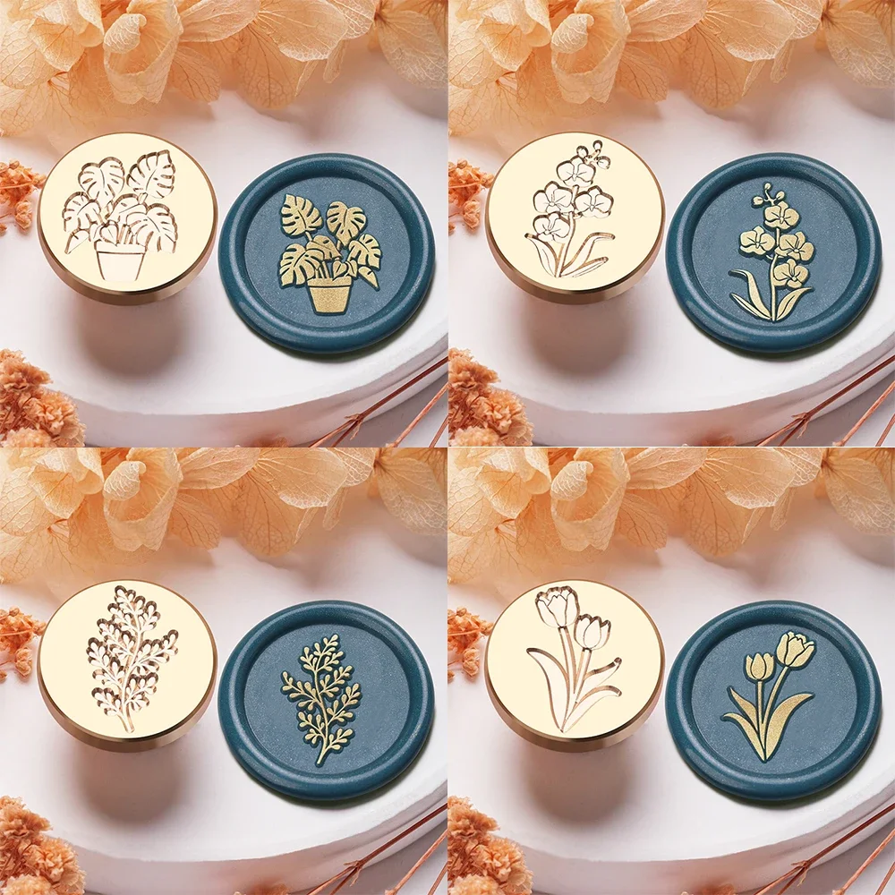 Bonsai and Buttercup Pattern Wax Seal Stamps 25mm Solid Brass Engraved Tulip Fire Lacquer Stamp Heads for Decorative Notebook