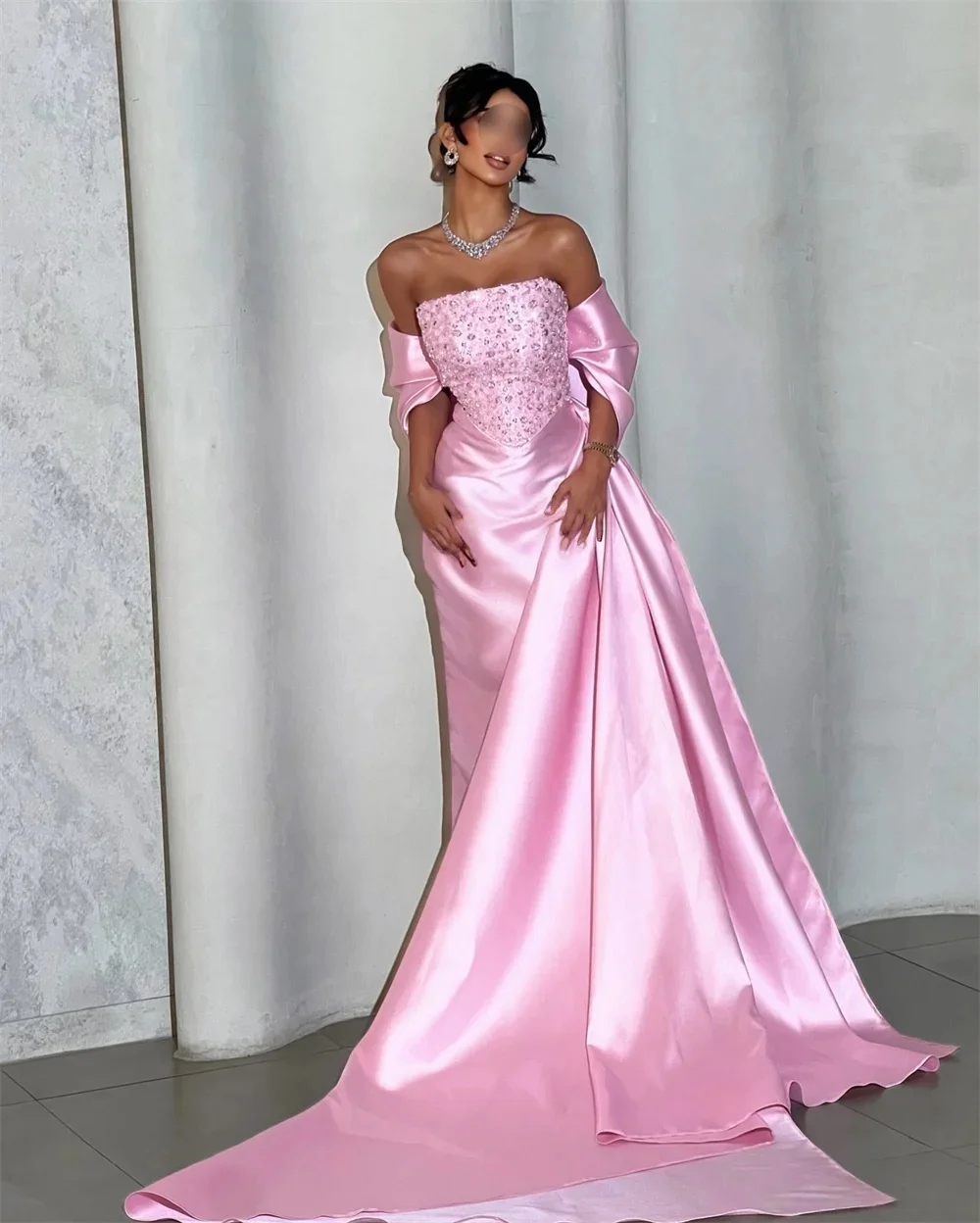 

Pink Strapless Beaded Long Bespoke Occasion Gown Evening Dresses Pastrol Unisex Jersey Retro Dubai Saudi Arabic Prom Customized