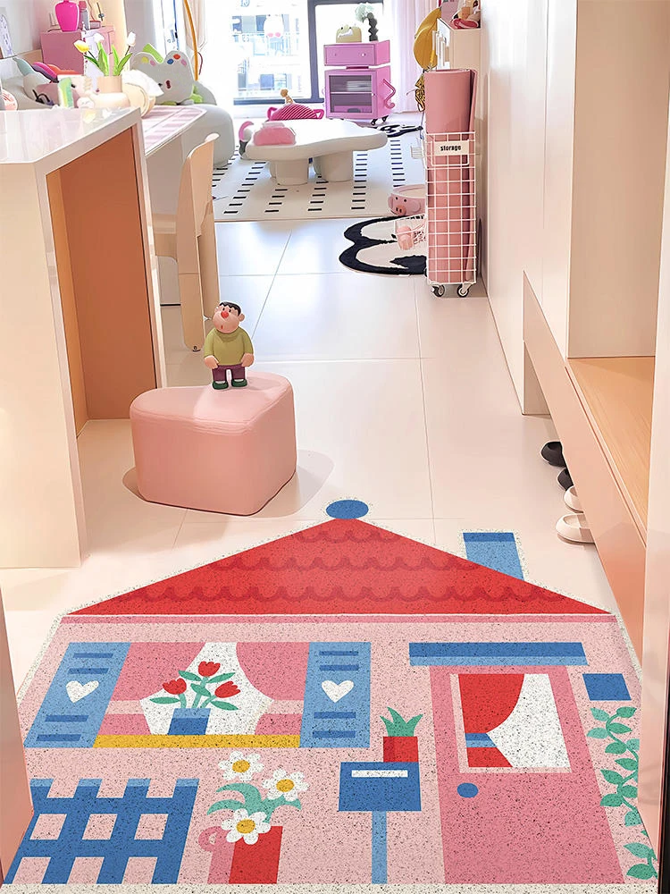 

Dopne Entrance Door Mat Cartoon House Pattern Dirt Resistant Door Mat Silk Circle Pad for Home Entrance PVC Material