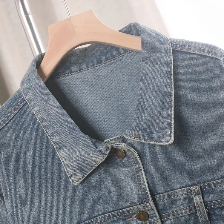 

Retro Hong Kong Sle Women's Denim Jaet ort Loose Slimming Flip Collar Spring Autumn Faion Small Size Casual Top
