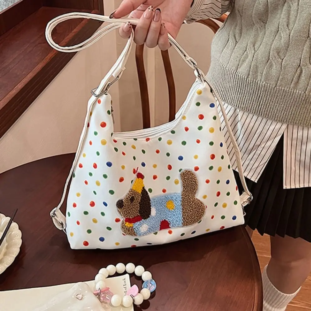 

Casual Korean Style Puppy Embroidery Shoulder Bag Dopamine Y2k Polka Dot Tote Bag Backpack White/Brown Cartoon Handbag Travel