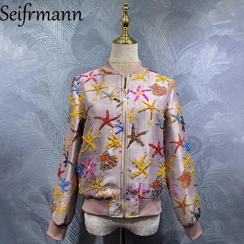 Seifrmann 2026 Summer Women's clothing New Fashionable Stand up Collar Long Sleeve Nail Bead Printed Coat