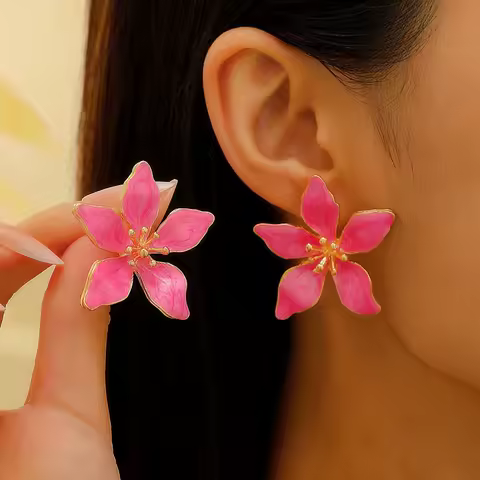 2025 New Vintage Colorful Drip Oil Flower Stud Earrings for Women Elegant Metal Five Petal Floral Temperament Earrings Jewelry