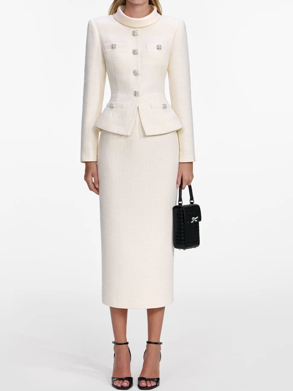 

Women Tweed Midi Dress Stand Collar Long Sleeve High Waist Elegant Ladies Robe