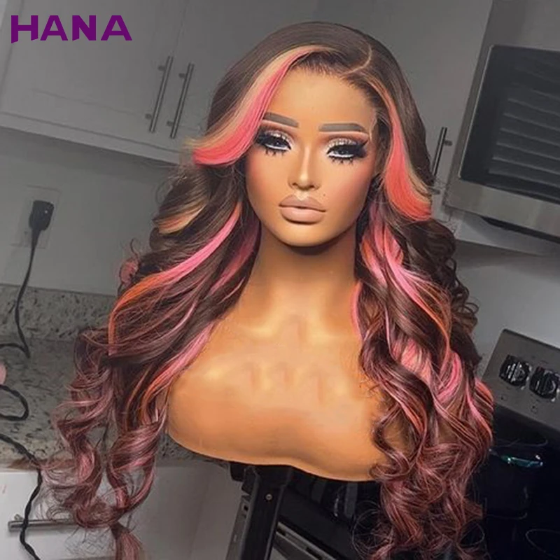 

Highlights Blonde Pink Colored Body Wave Style 13X6 Lace Frontal Wigs Bleach Knots Preplucked 5X7 Lace Closure Wig Human Hair