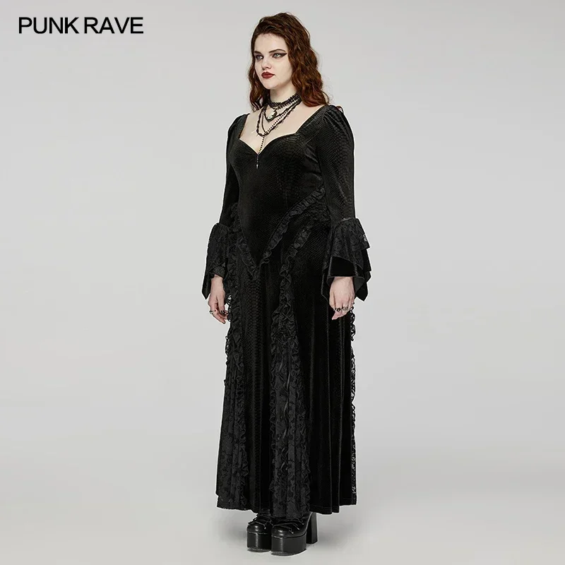 PUNK RAVE-Vestido de renda de veludo com decote mordedor, mangas largas de camada dupla, vestidos longos, gravado escuro, gótico, lindo, sexy