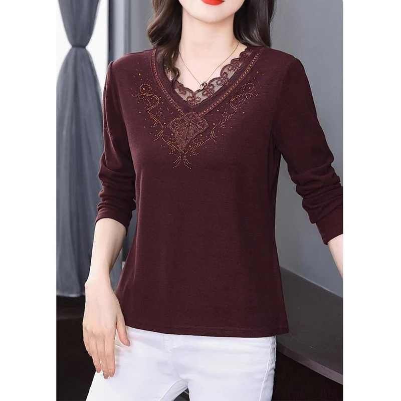 Damenbekleidung Herbst Winter Stilvolle Strass Spitze Patchwork Dicke Basic T-Shirts Damen Solide V-Ausschnitt Langarm Lose Tops