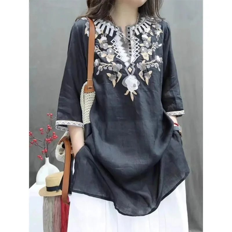 ฤดูร้อนอุตสาหกรรมหนักเสื้อผ้าผู้หญิง Retro ปักขนาดกลางถึงยาวหลวมผ้าฝ้ายและ Hemp Western สไตล์เสื้อลําลอง TOP
