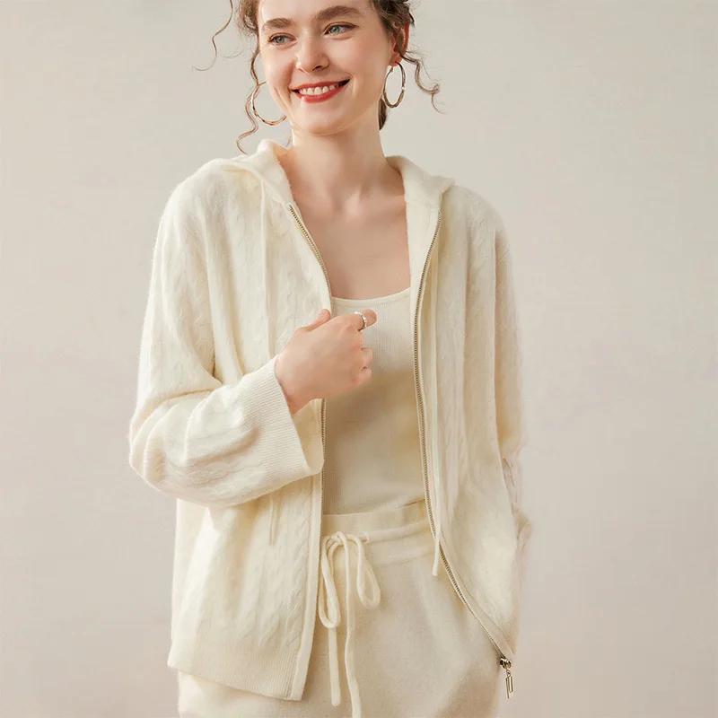 

MEELEX Casual Women Cable Knit Zipper Cardigan Jacket Autumn Winter Hooded 100% Cashmere Sweater New Style Soft Woman Top Coat