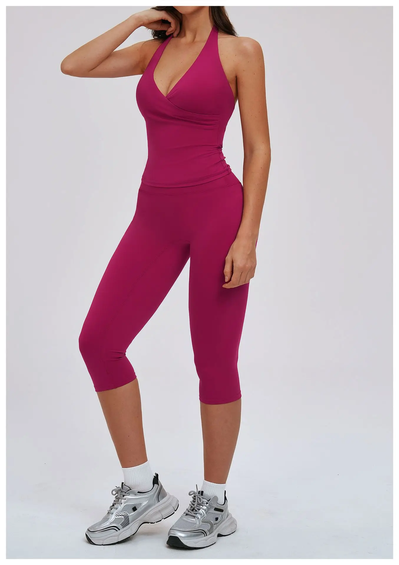 Yoga Capri Pants Suit 2 Pieces Gym Set Women Backless Tops Capri Pants Set Gym Suit Fitness Athletic Wear Sportswear Workout Set
