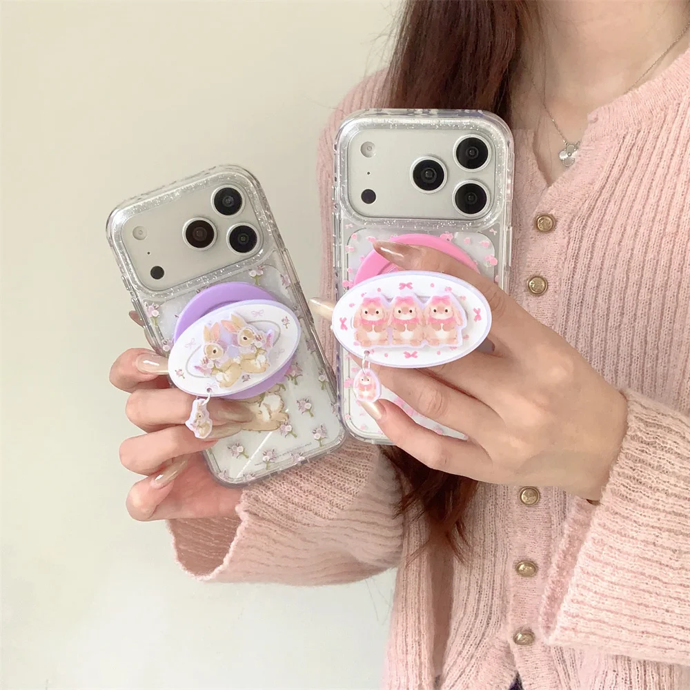 

Korean Little Flower Rabbit Magnetic Phone Case for iPhone 17 Pro 15 16 Pro 17 Pro Max Cases with Magsafe Holder Shockproof Cove