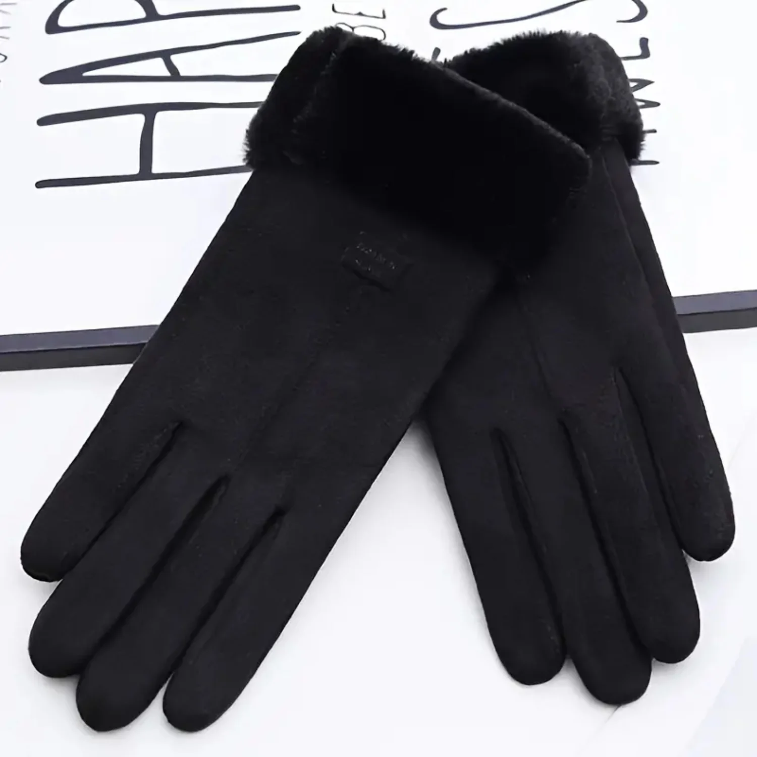 Elegant Winter Fluff Solid Color Warm Gloves for Women - Pair with Skirt or Shirt for Fashionable Look Nail press White nails