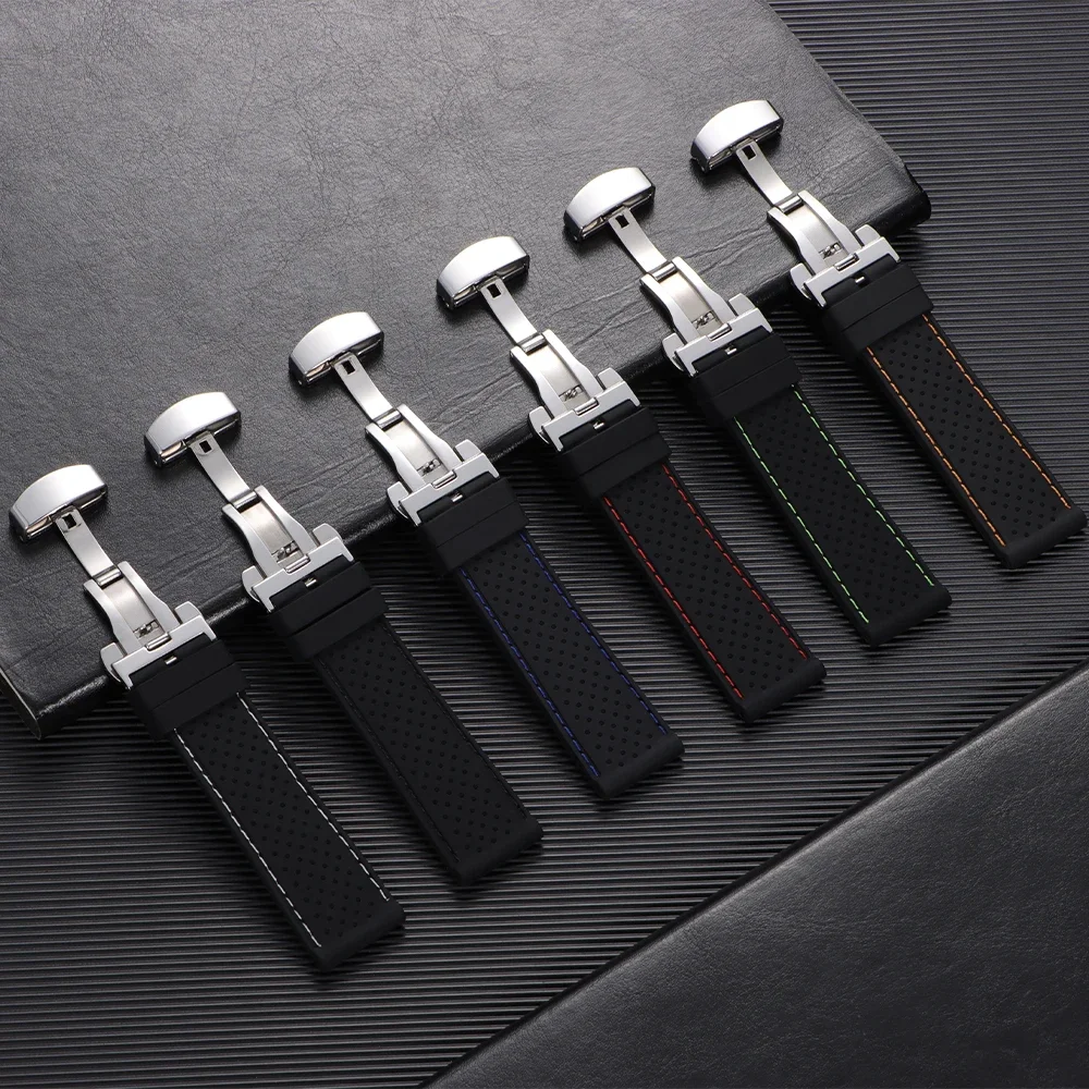 20mm 22mm Premium Silicone Watch Band Butterfly Buckle Waterproof Soft Rubber Strap Breathable Strap Replacement Universal Watch
