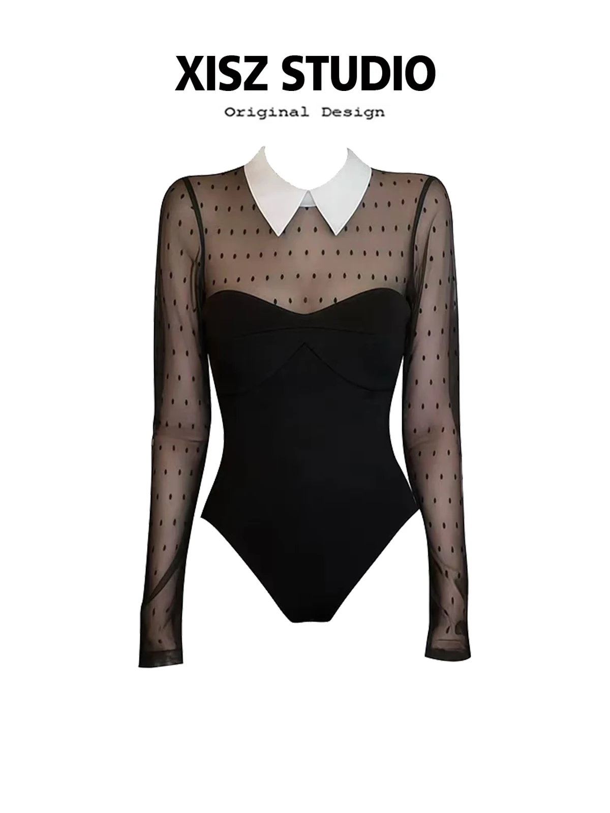 

Bla Polka Dot See tough Sexy Collar Long Sve Women's Winter Slimming Me Top Sexy Flattering Bodycon Design