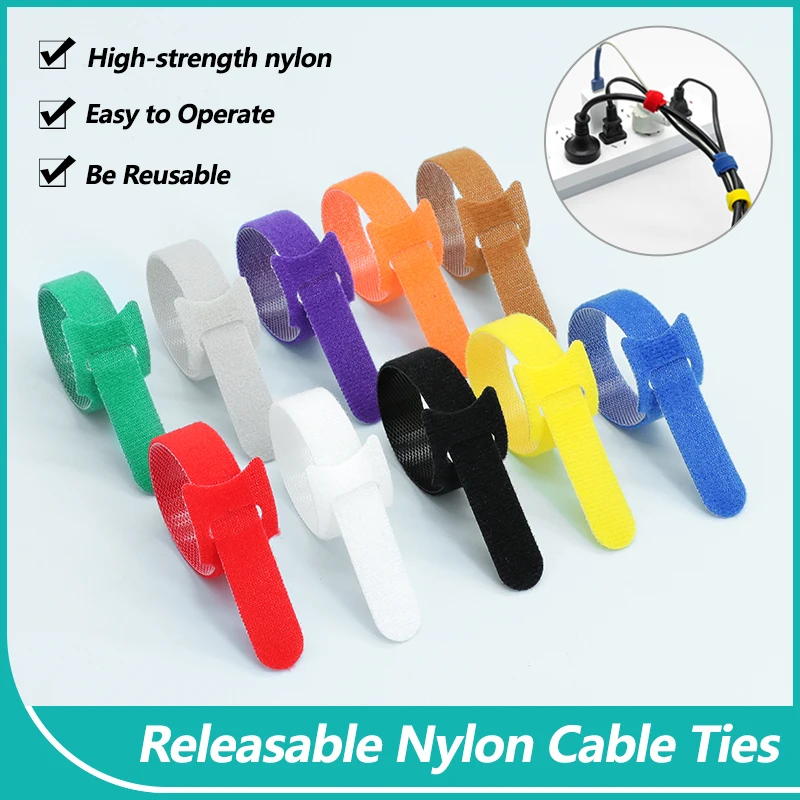 250mm Releasable Nylon Cable Ties Adjustable Cord Ties Nylon Cable Management Straps Hook Loop Cord Organizer Wire T-type Ties