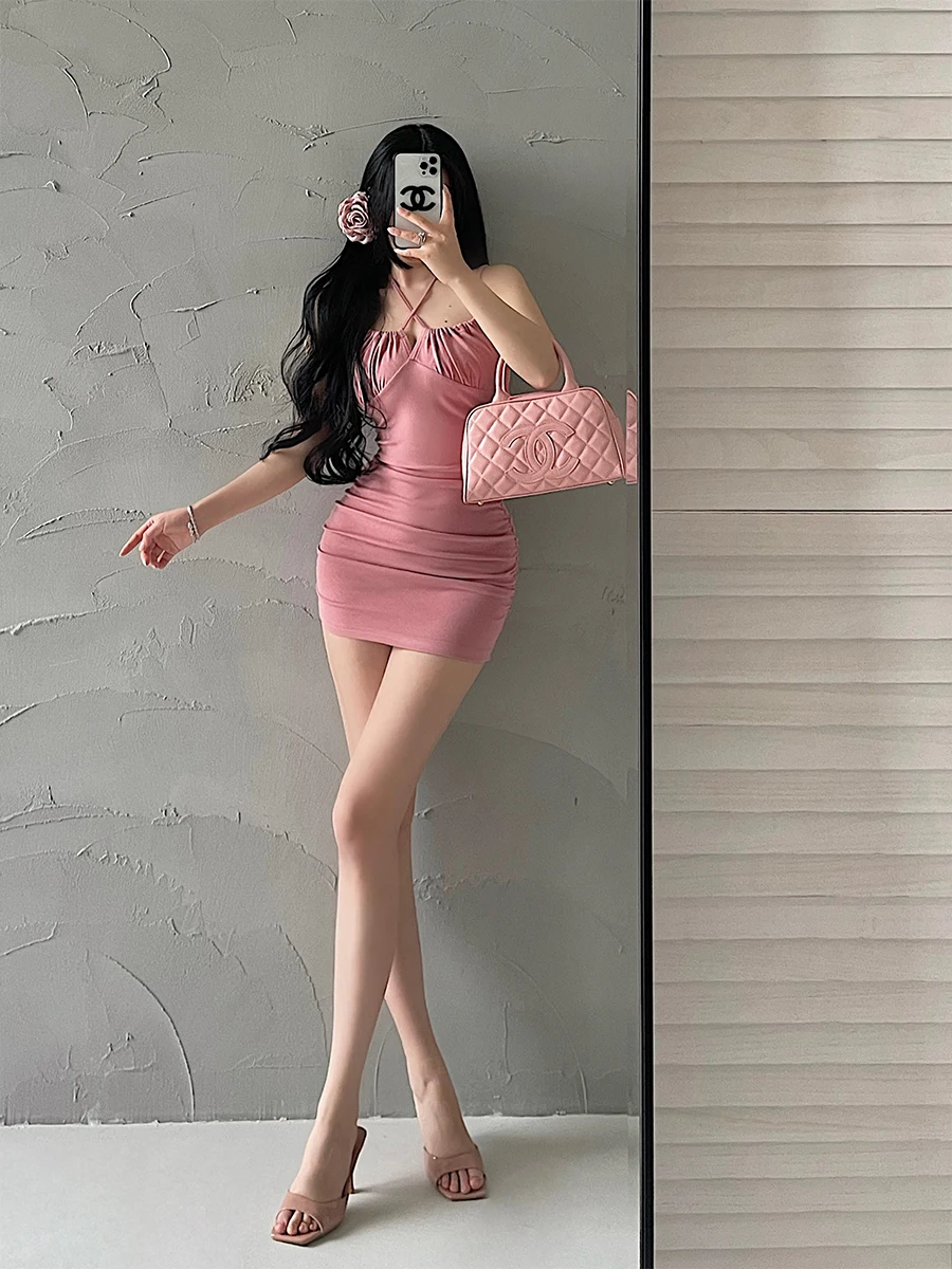 Sexy Slimming Short Strapless Dress with Drawstring And Pleats Young Girl Day Pure Desire Style Cotton Summer Dress