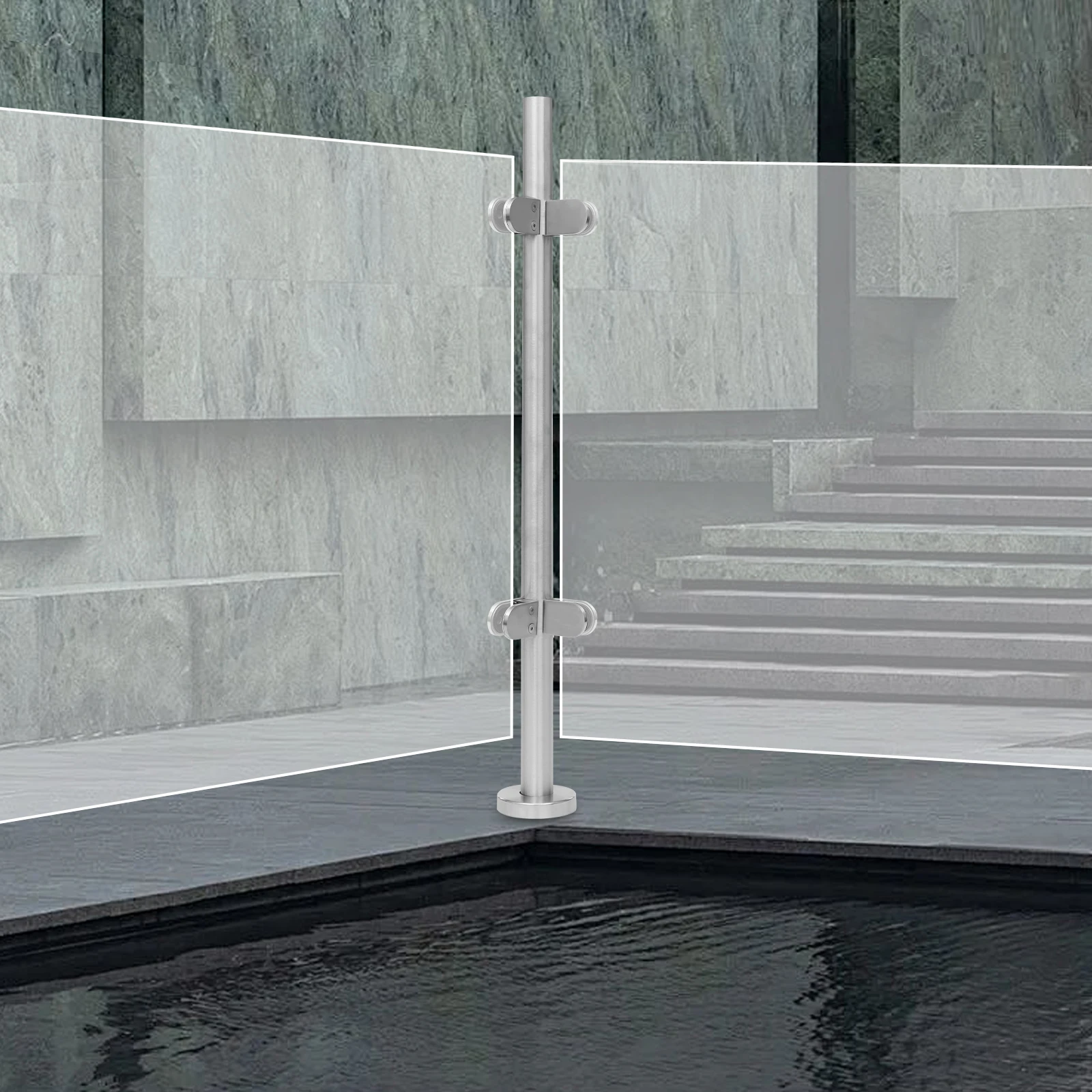 316 Stainless Steel Railing Post, Brushed Silver Finish, Decorative Cover, Silicone Pads for Glass Support, Max Load 80kg,