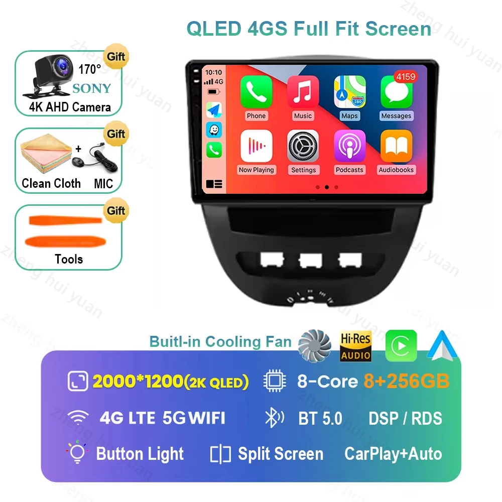 Voor Peugeot 107 Toyota Aygo Citroen C1 2005-2014 Android 16 Carplay & Auto Autoradio Navigatie Multimedia Stereo Speler BT QLED